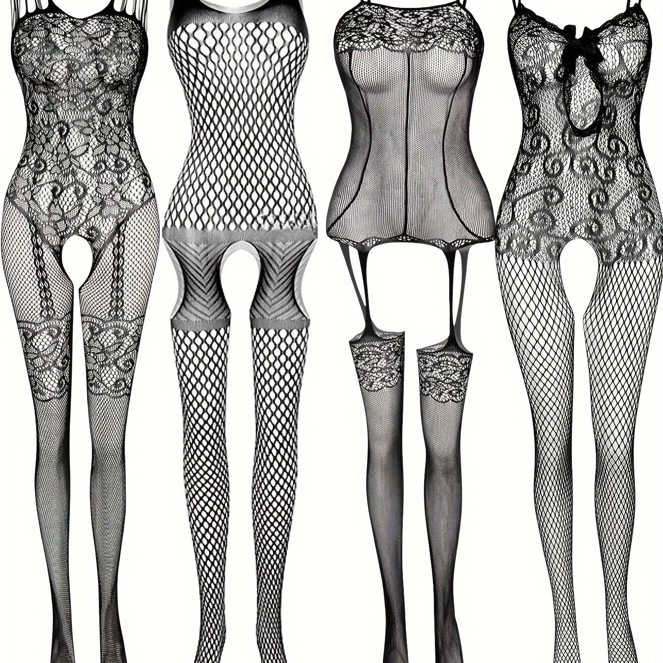 Women's Plus Size Sheer Fishnet Bodystocking with Open Crotch and Jacquard Details