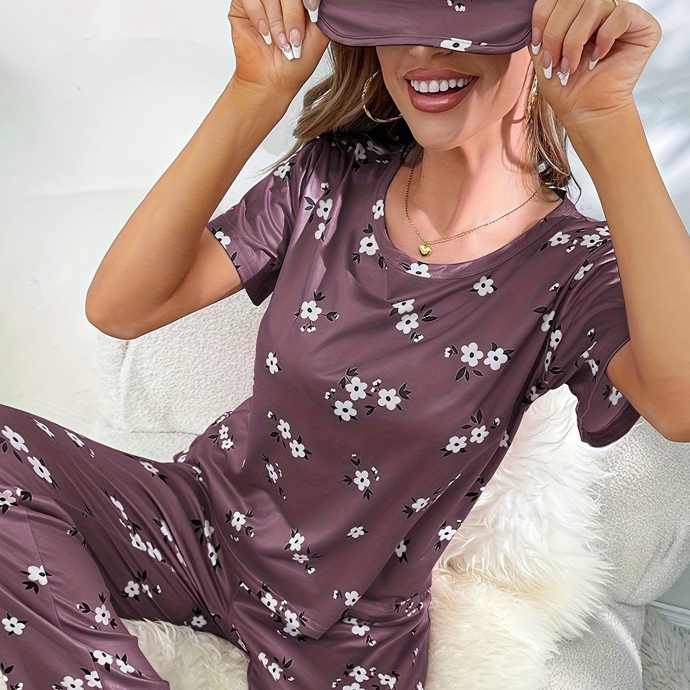 Women's Floral Pajama Set Short Sleeve Top Elastic Waist Pants Spring Summer