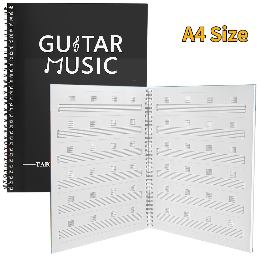 Cuaderno de práctica de guitarra con 50 hojas en blanco con pentagramas y diagramas de acordes