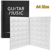 Cuaderno de práctica de guitarra con 50 hojas en blanco con pentagramas y diagramas de acordes