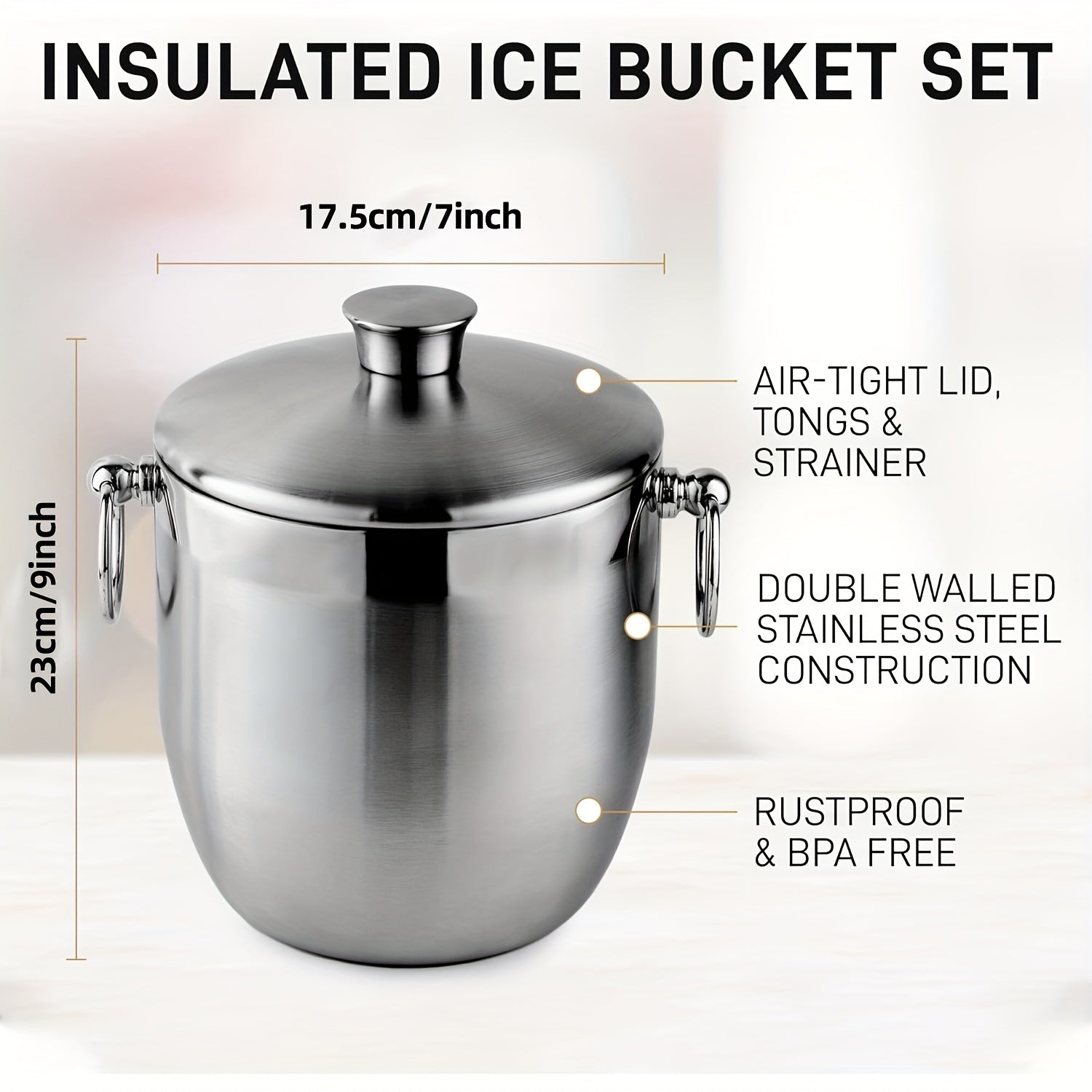 Large 3L Stainless Steel Double-Walled Ice Bucket with Lid and Tongs
