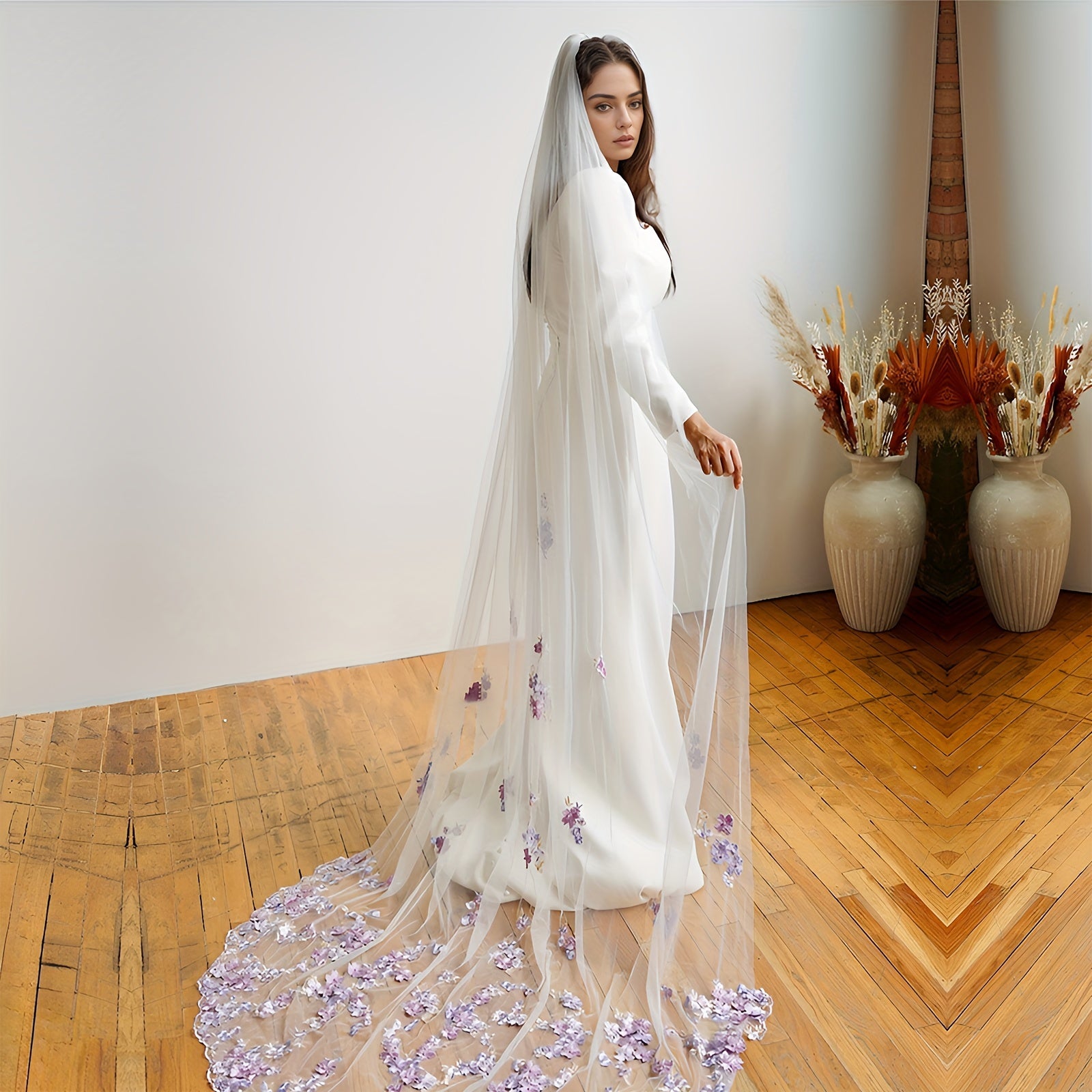 Purple Lace Bridal Veil with Comb Single-Layer Wedding Veil for Women