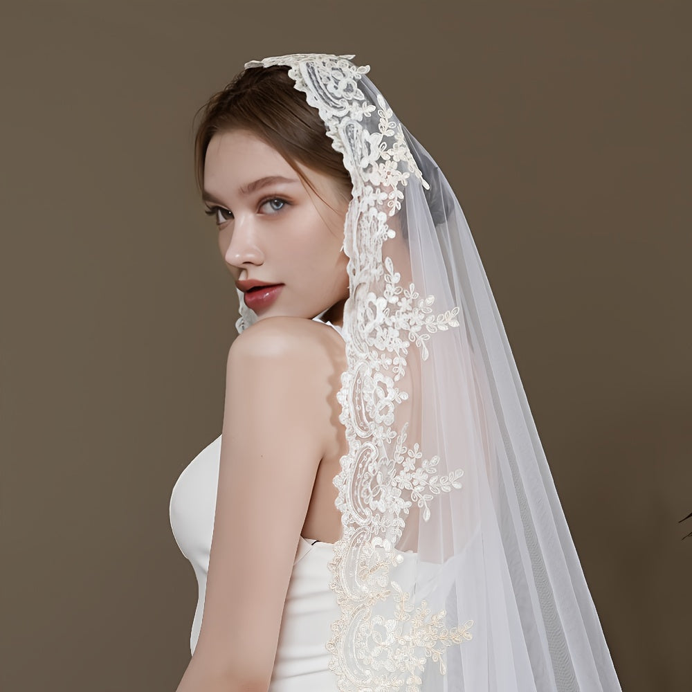 Long Tulle Wedding Veil with Champagne Lace Trim Bridal Accessory Elegant Chapel Length