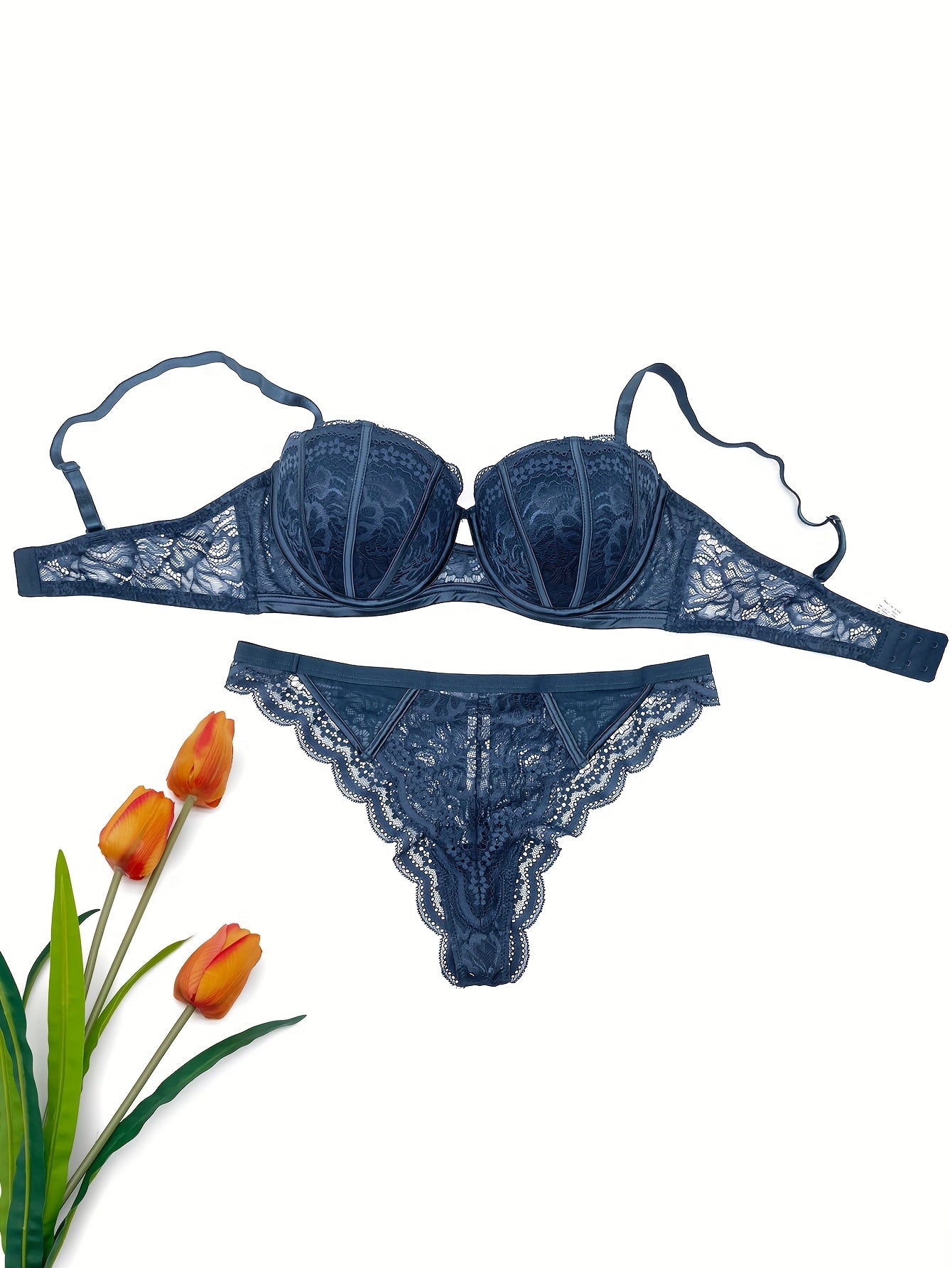 Women's Floral Lace Embroidered Push-Up Lingerie Set with Adjustable Bralette and Panty