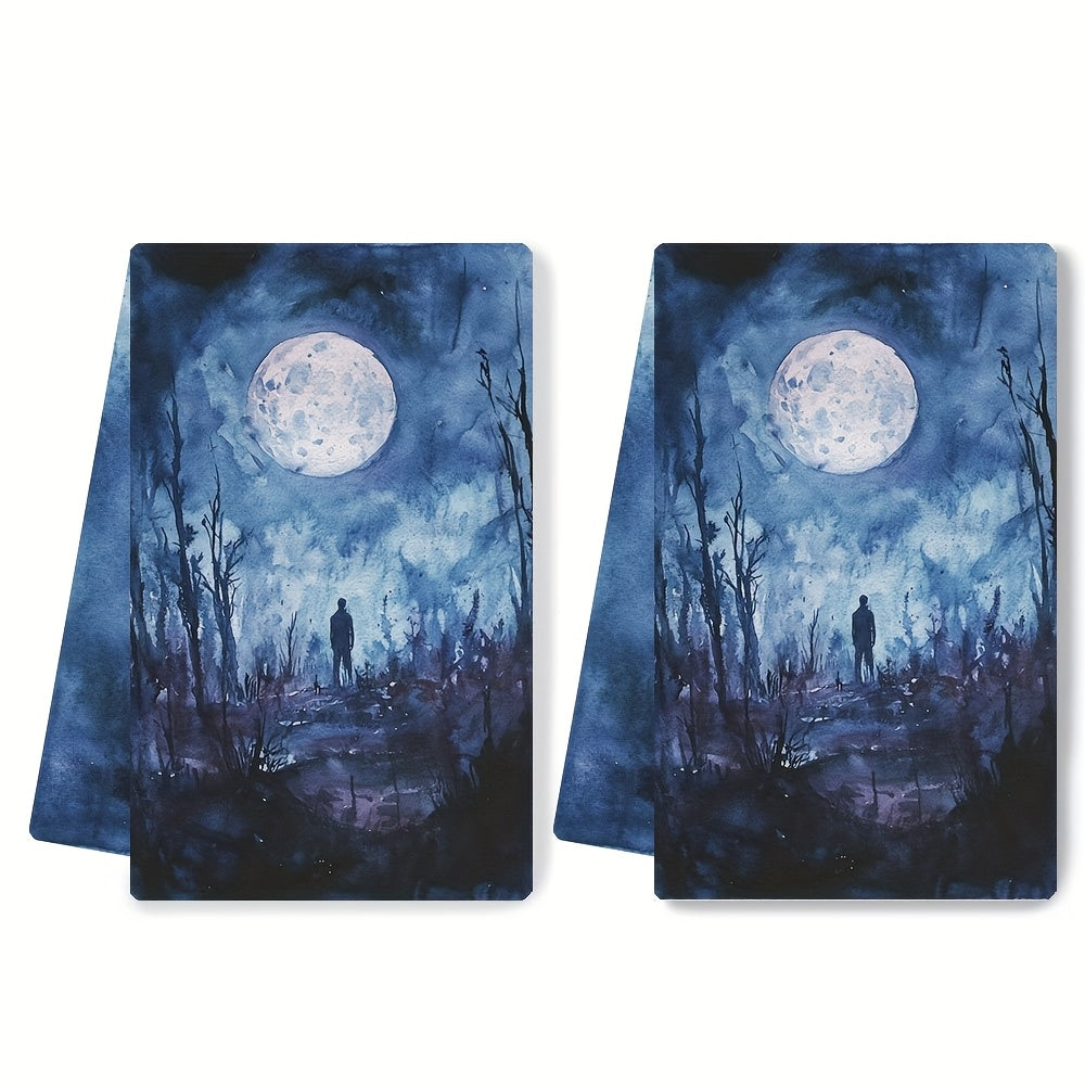 Set of 2 Ultra Soft Kitchen Towels, Supernatural Night Theme, 40x60 cm