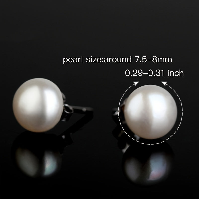 S925 Silver Stud Earrings with Natural Freshwater Pearls - Kundalik kiyim yoki maxsus tadbirlar uchun nozik va ko'p qirrali tekis dumaloq marvaridli studlar