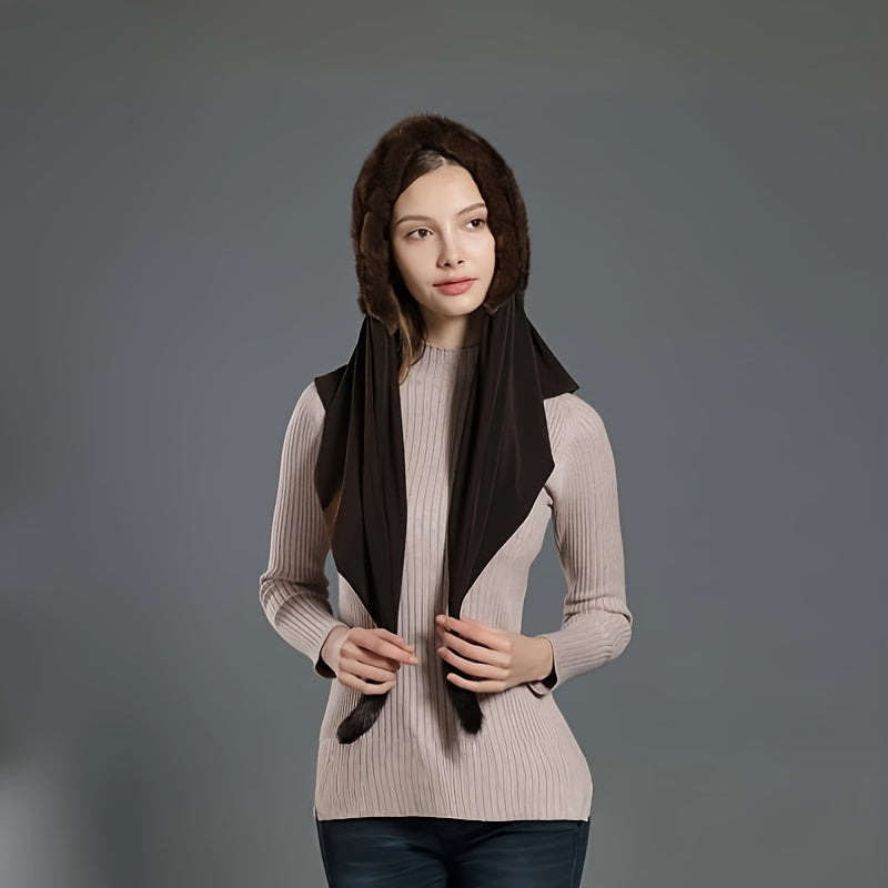 Qora rangda qizil aksentlar bilan bezatilgan zamonaviy ayollar uchun soxta mink mo'ynali sharf shlyapa, kuz/qish uchun mukammal.