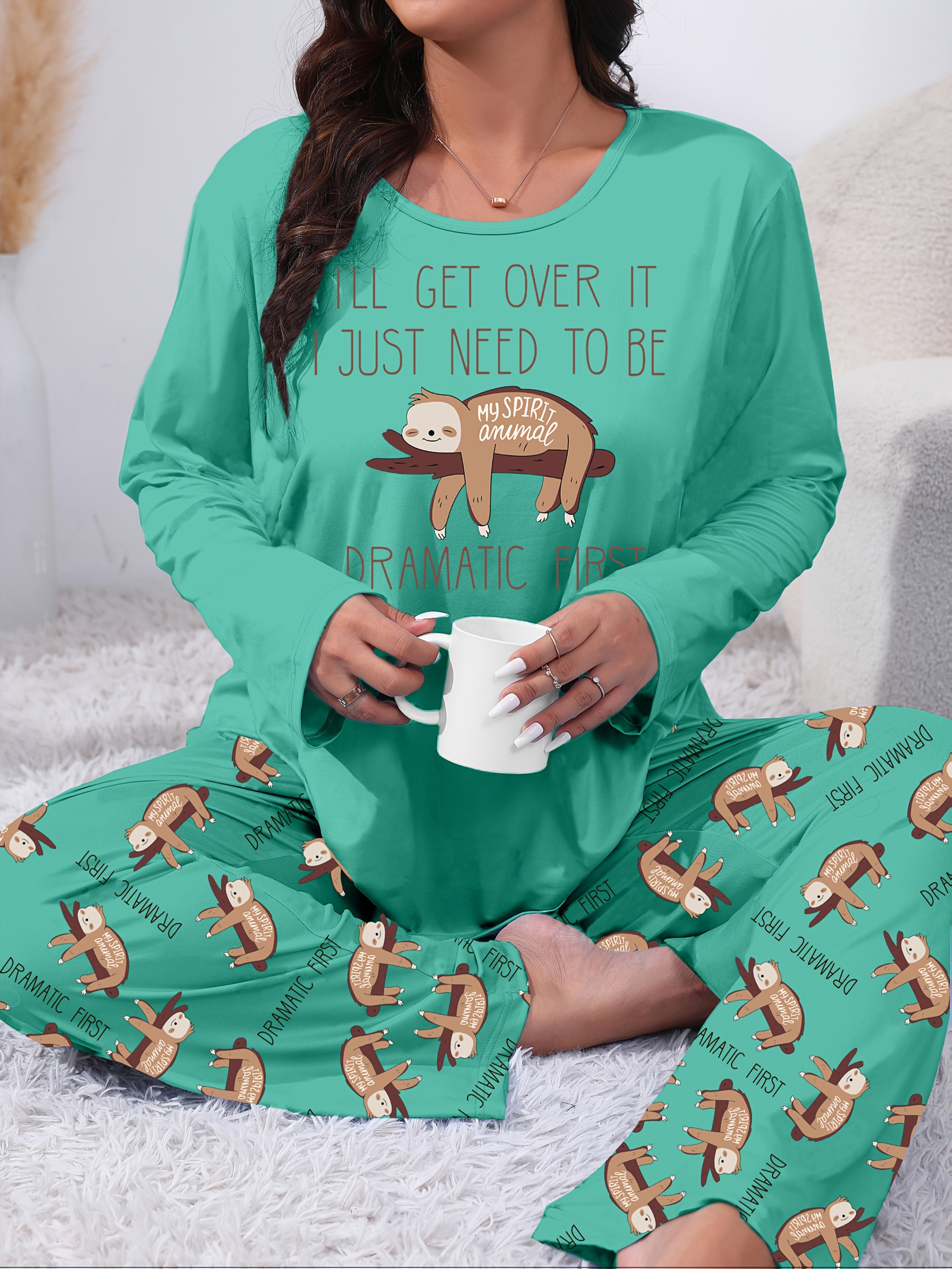 Plus Size Women's Pajama Set Soft Polyester Otter Print Long Sleeve Pants