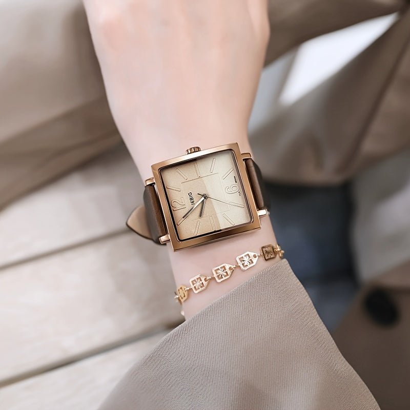 Women's Large Square Quartz Watch with Analog Dial and PU Leather Strap