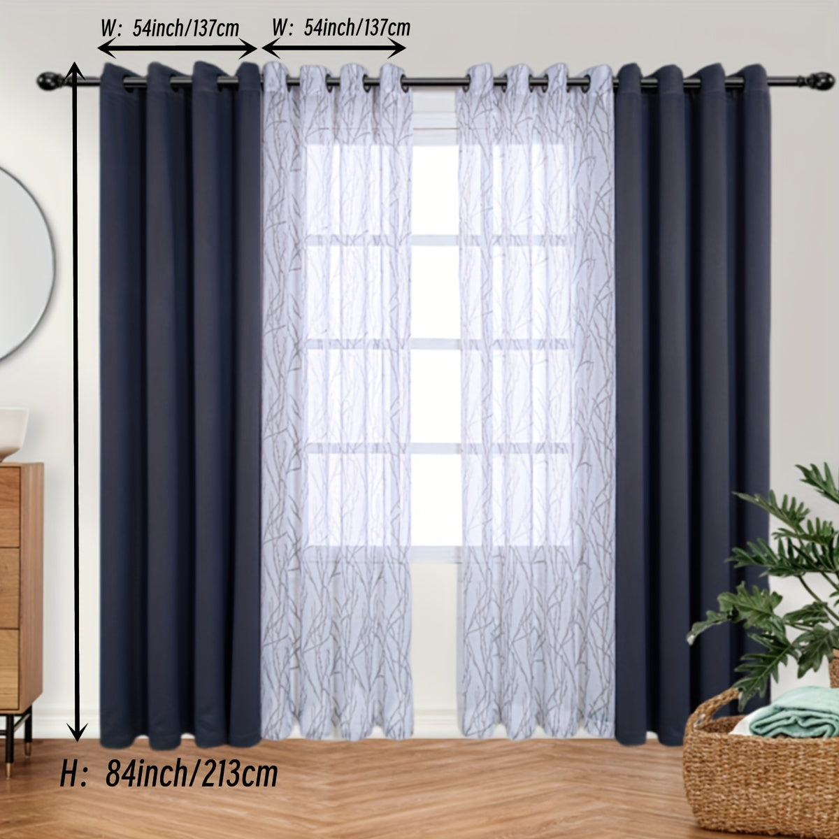 Set of 2 Bedroom Living Room Curtains Blackout Sheer Grommet 54x84 Dark Gray