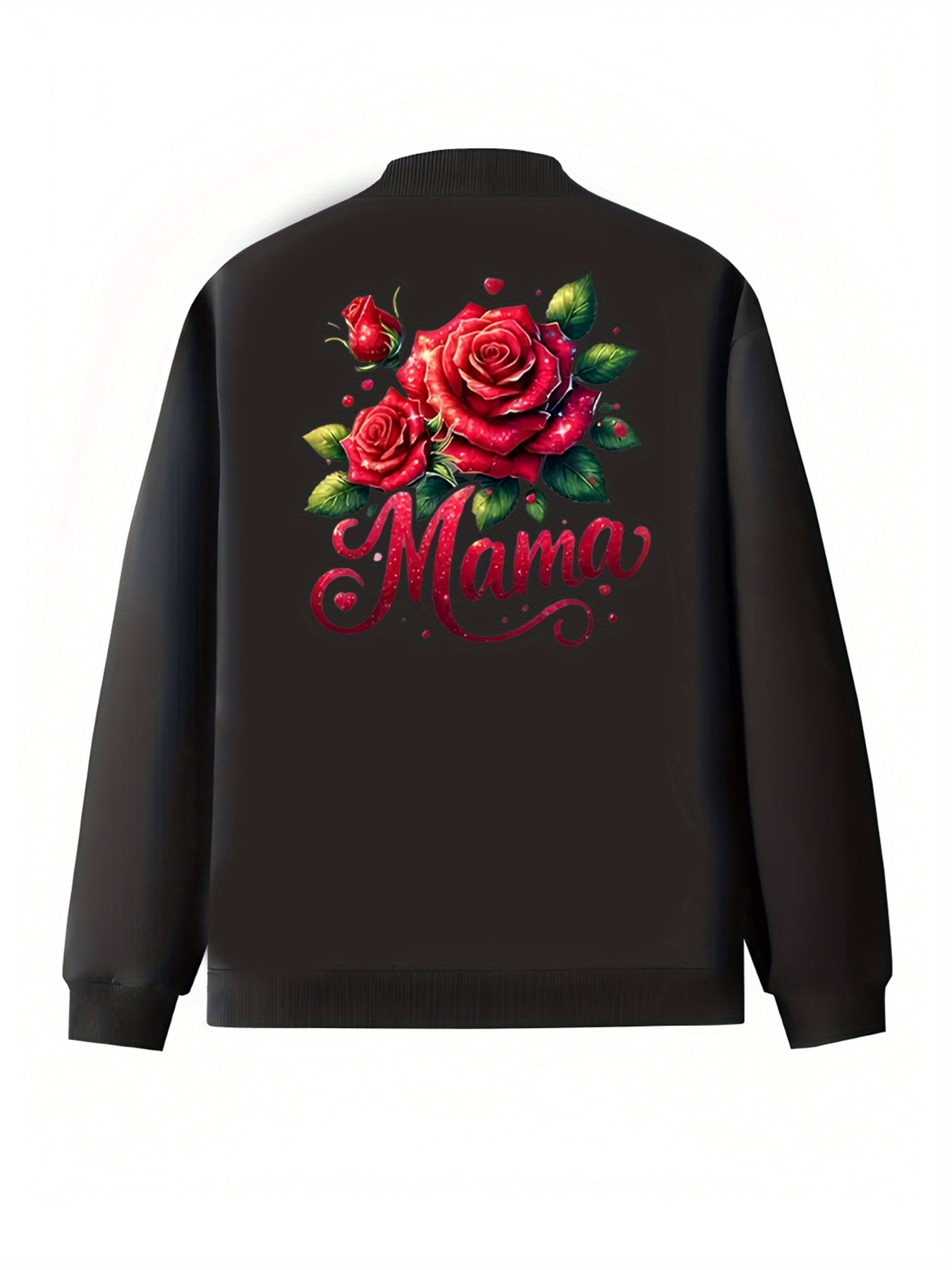 Plus Size Women's Bomber Jacket with Floral Print Long Sleeve Zippered Pockets