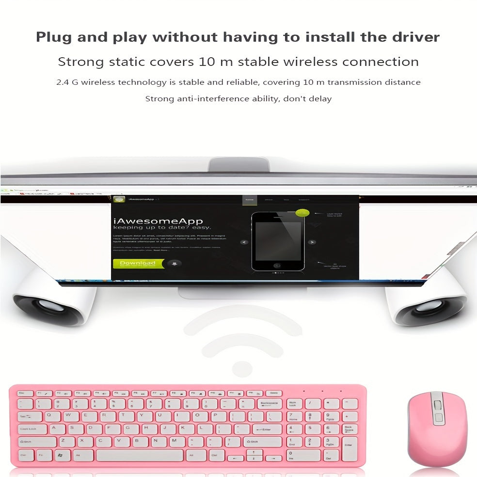 Wireless 2.4G Keyboard and Mouse Combo Slim Ergonomic Optical ABS Compatible with PC