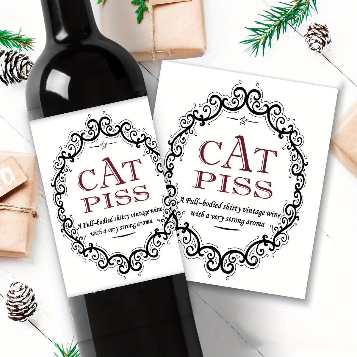 Cat Piss Champagne Bottle Labels Waterproof Vinyl Stickers Black White Ornament Christmas Birthday Party