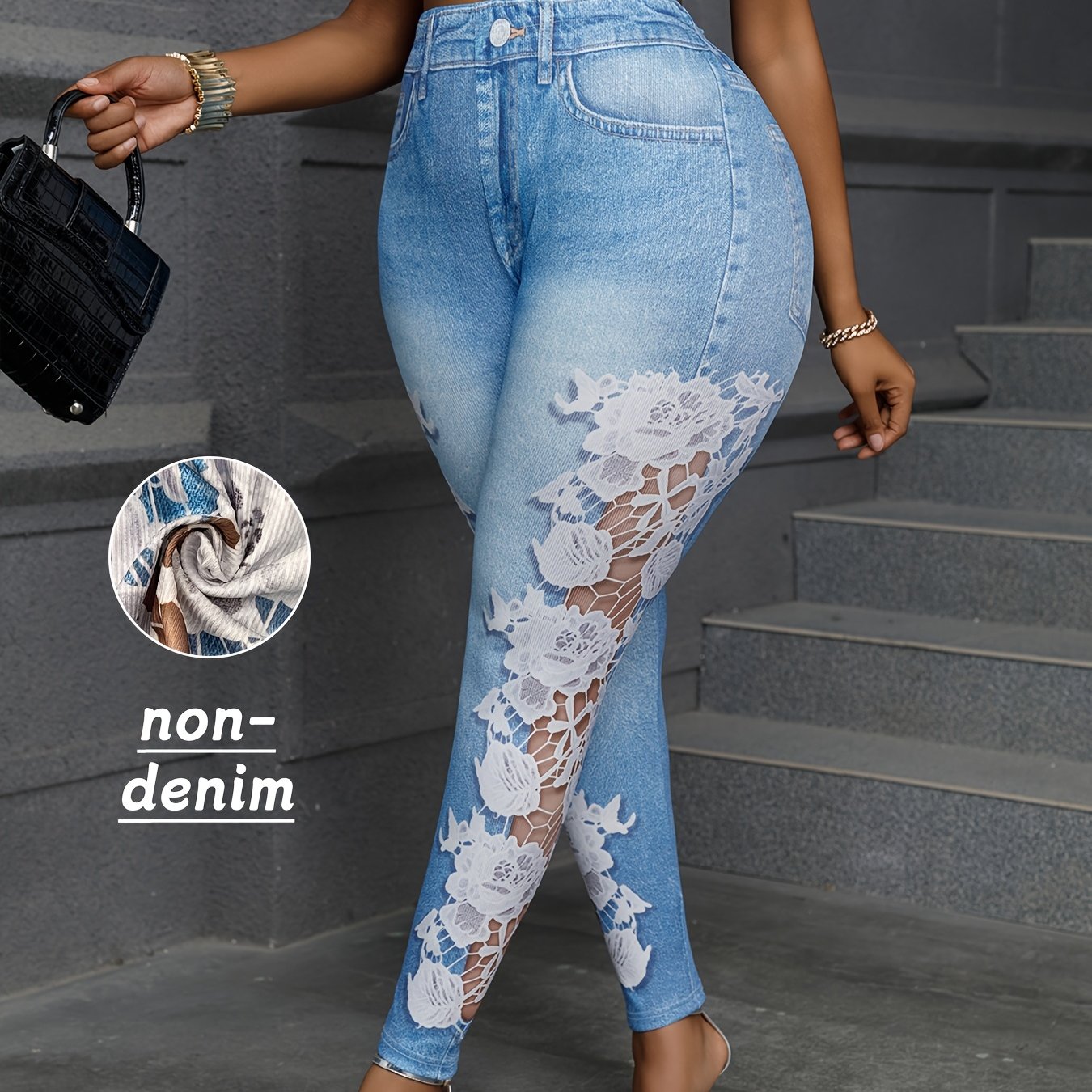 Plus Size Women's High-Waisted Skinny Pants with Floral Lace Cut-Outs Joggers