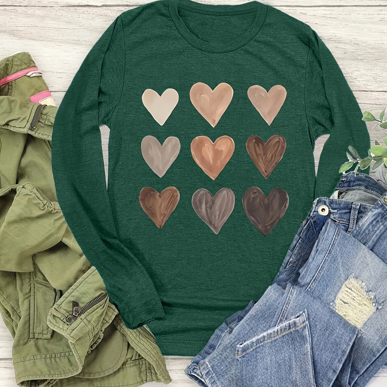 Plus Size Long Sleeve T-Shirt Polyester Knit Heart Pattern Crew Neck Spring Fall