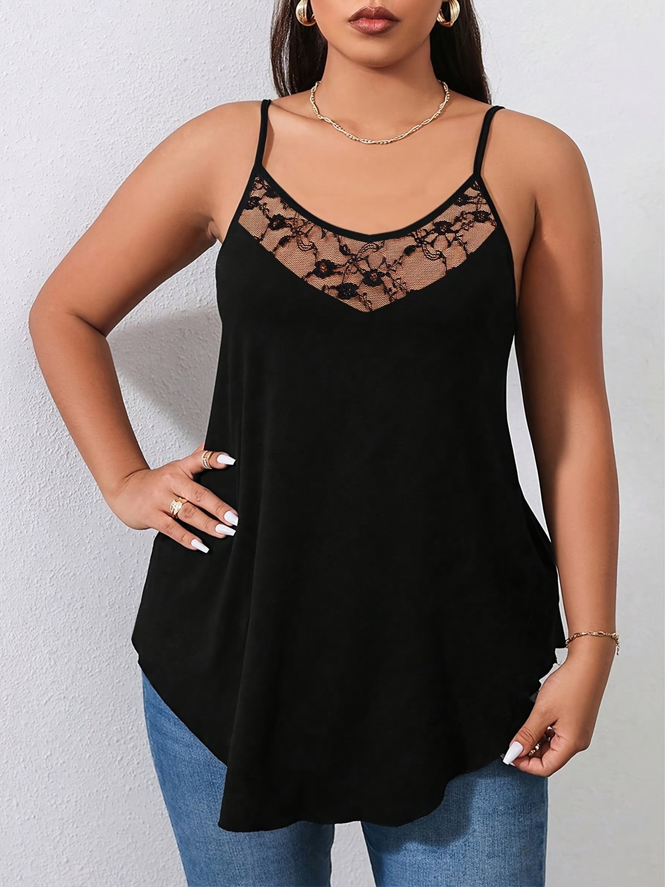 Plus Size Women's Lace Panel Sleeveless Top Solid Color Black Plus Size