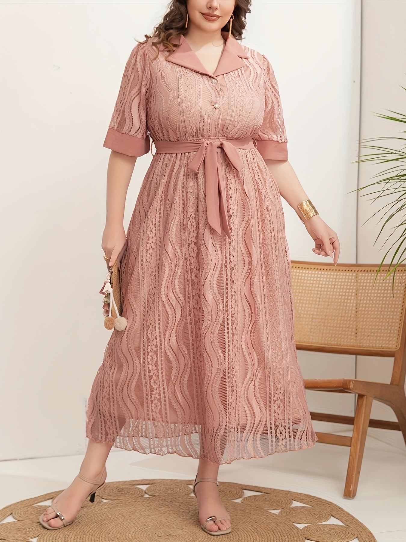 Women's Polyester V-Neck Tunic Dress Belted Solid Color Plus Size