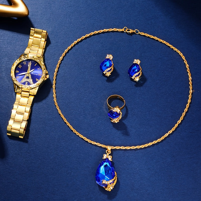 Ayollar uchun oltin kvarts soat, Eiffel Tower qismi bilan, zanglamaydigan po'latdan yasalgan band, an'anaviy soat