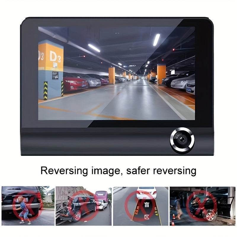 HD 3-Lens Dash Cam Night Vision Loop Recording Reversible Image Front Interior Rear View