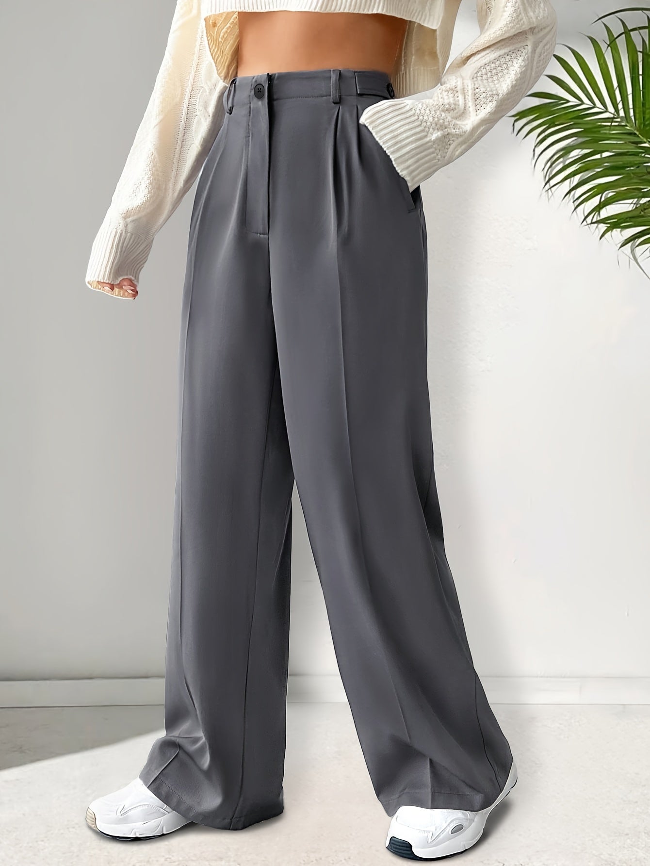 Women's Solid Color Work Pants with Dual Pockets Long Casual Trousers