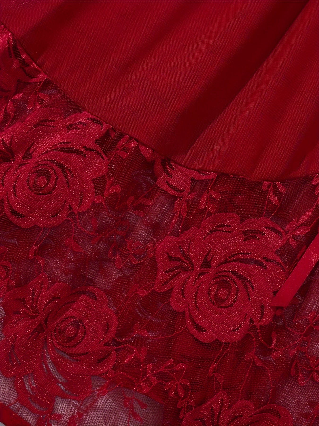 Lingerie Red Lace Mesh Slip Dress with Thong Set V-Neck Bow Detail