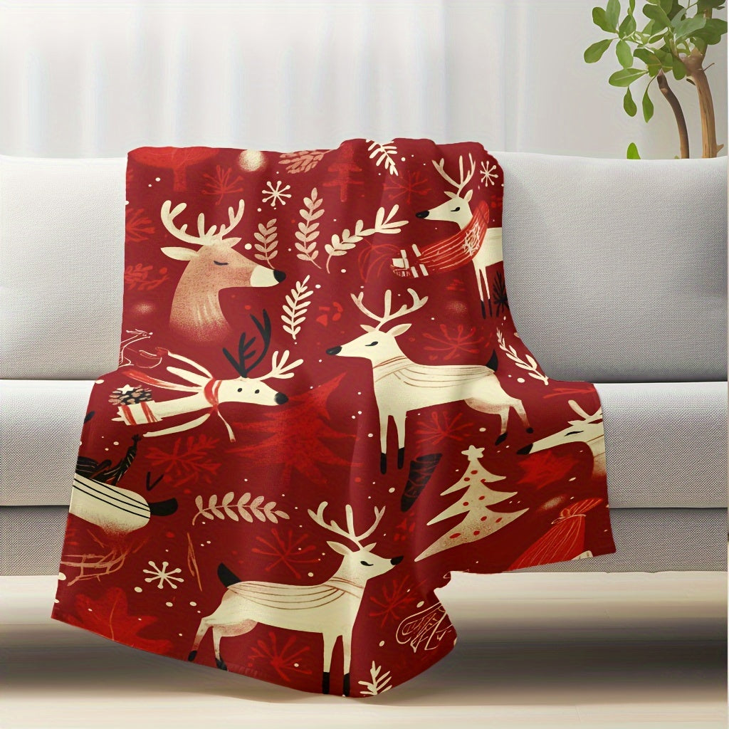 Red Christmas Reindeer Flannel Throw Blanket Soft Warm Cozy for Sofa Bed Camping