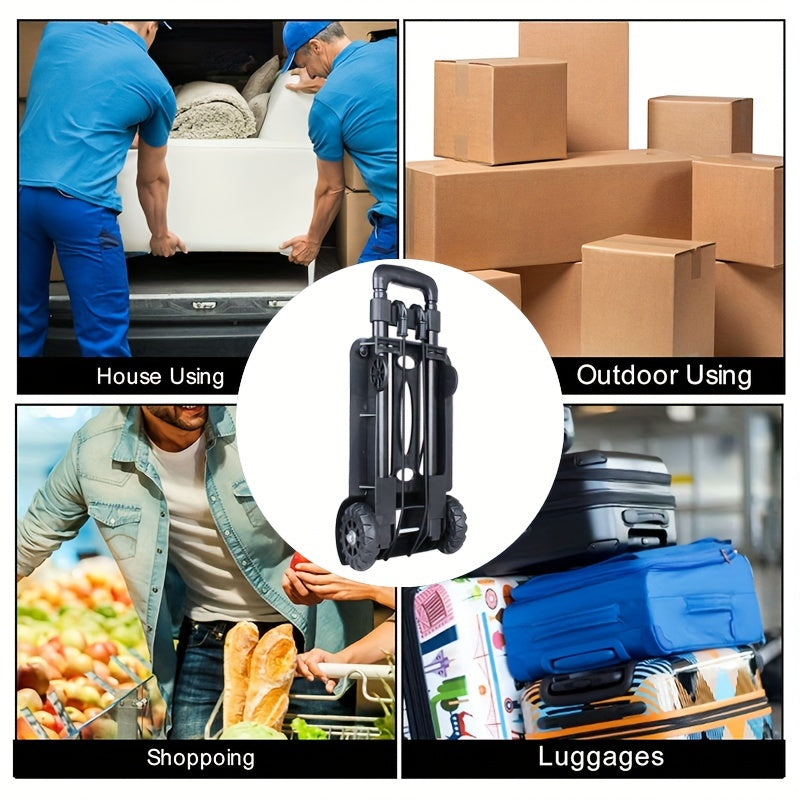 Portable Trolley with Aluminium Alloy Tie Rod, 2 Elastic Ropes, Folding Telescopic Cargo Cart, 2 Wheels, Black