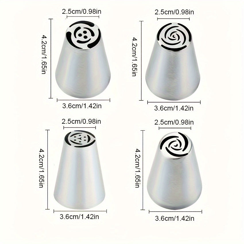 Set of 4 Stainless Steel Piping Nozzles for Cupcake Decorating with Floral Designs