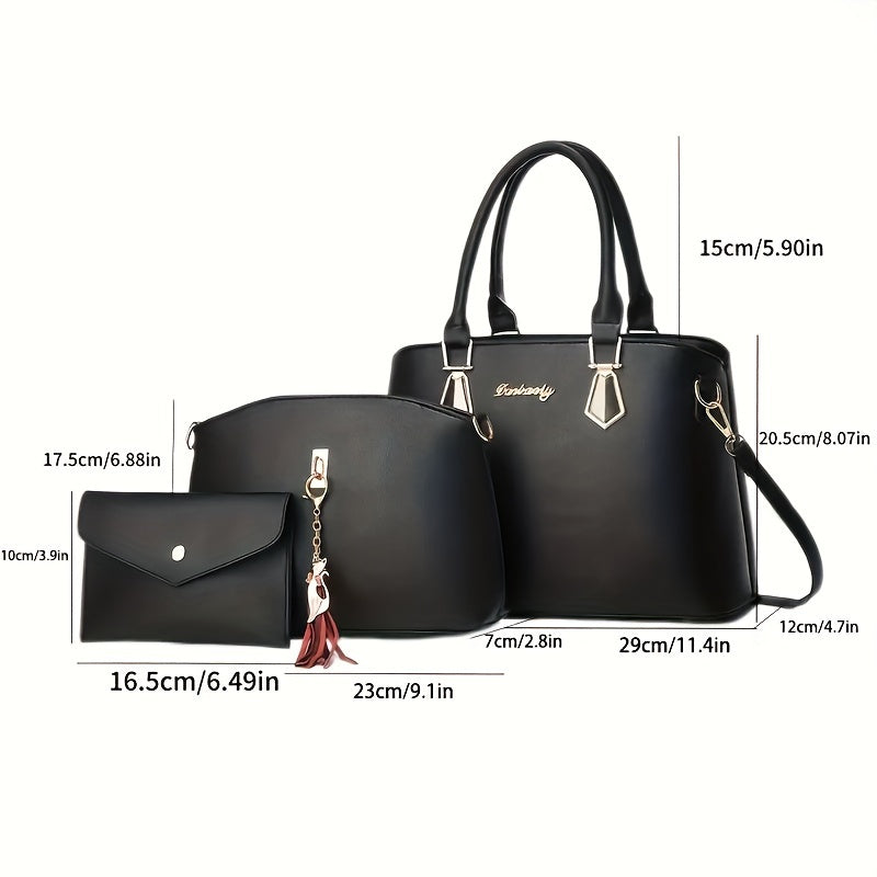 Women's 3-Piece Faux Leather Handbag Set with Tassel Crossbody Tote and Sling