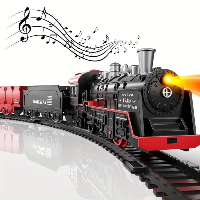Set de vías para tren eléctrico infantil con locomotora de vapor, luces, sonidos, rojo y negro, juguete