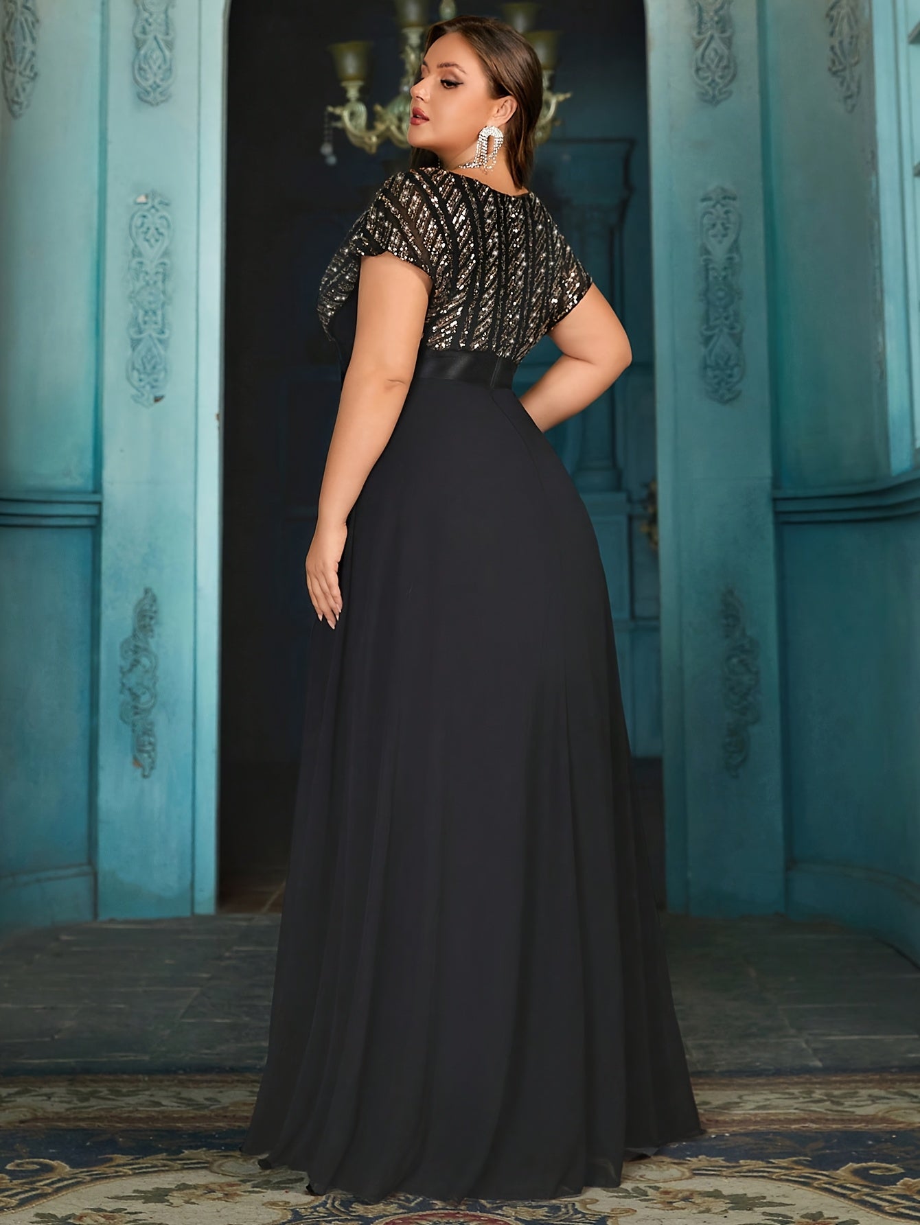 Plus Size Women Short Sleeve Dress Black Elegant Formal Evening Wedding Guest Gown