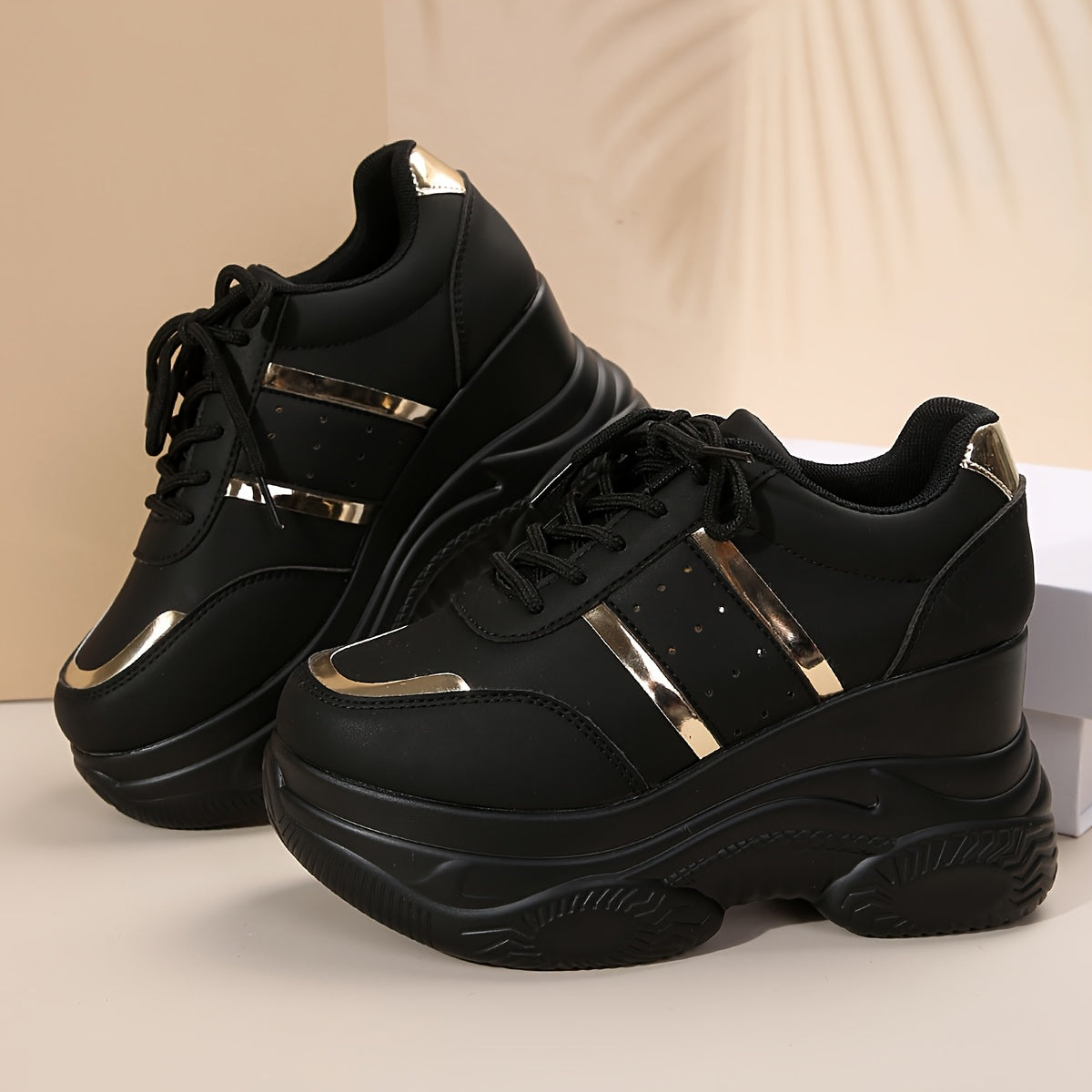 Women's Breathable Sneakers with Rubber Sole Black and Gold Accents