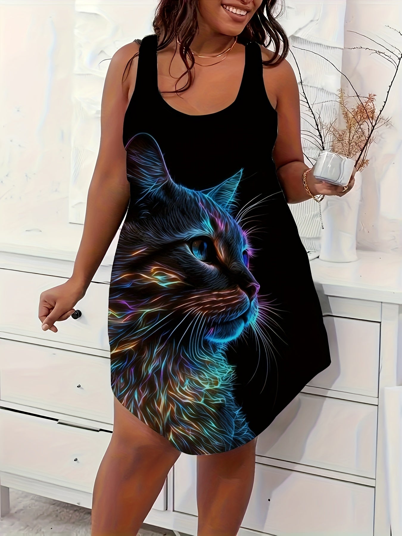 Women's Plus Size Sleeveless Cat Print Dress Lightweight Polyester Allseason
