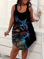 Women's Plus Size Sleeveless Cat Print Dress Lightweight Polyester Allseason