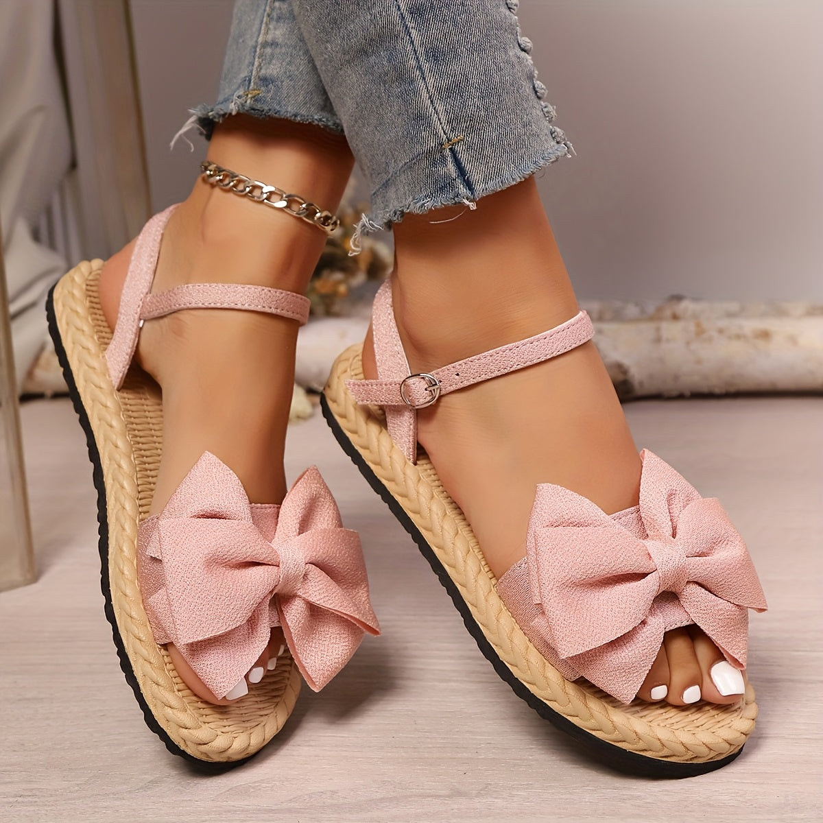 Women's Flat Shoes Open Toe Bow Casual Outdoor Beach