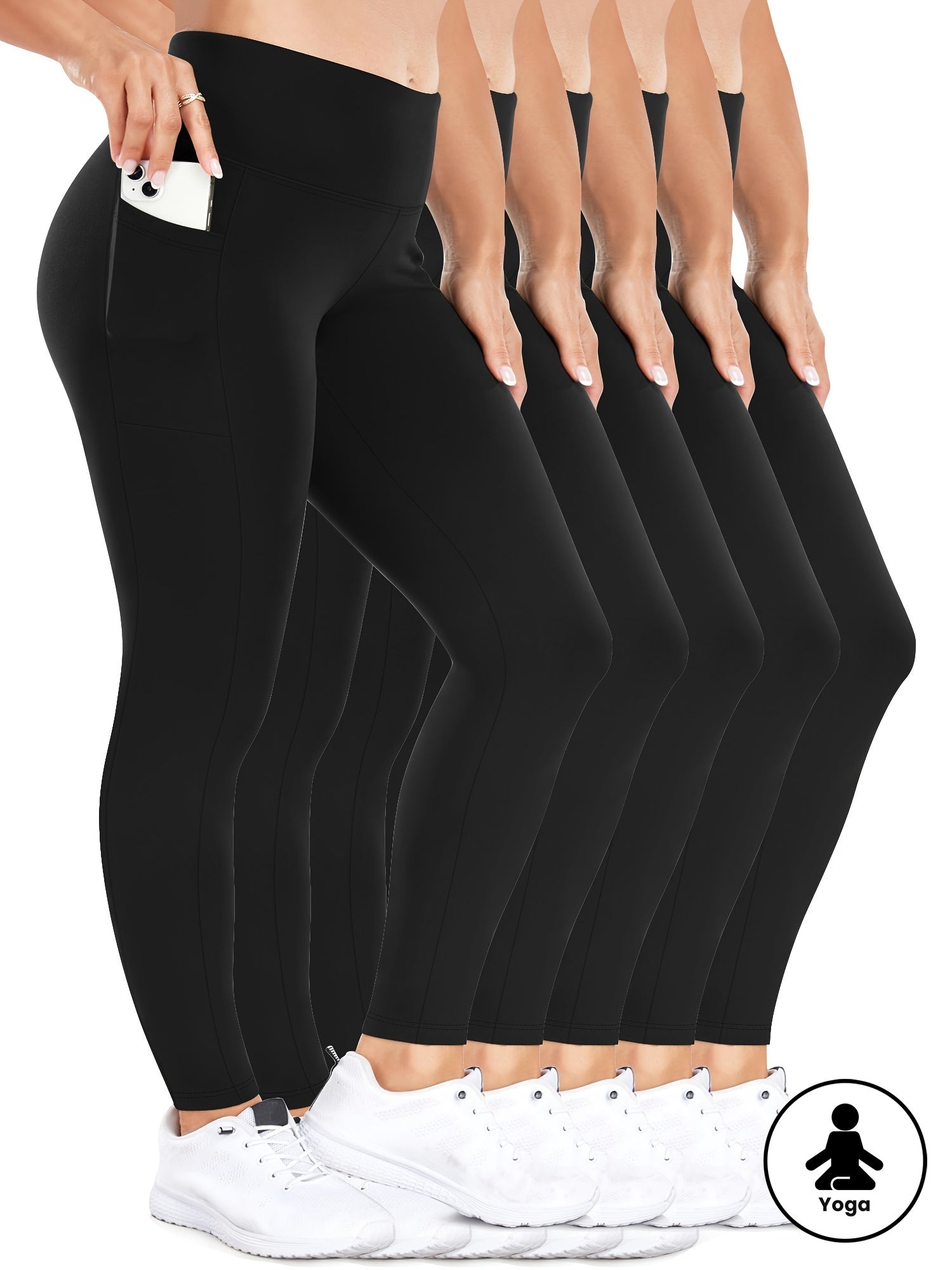Women's High-Waisted Yoga Leggings 5-Pack with Pockets, Non-See-Through, Multi Colors