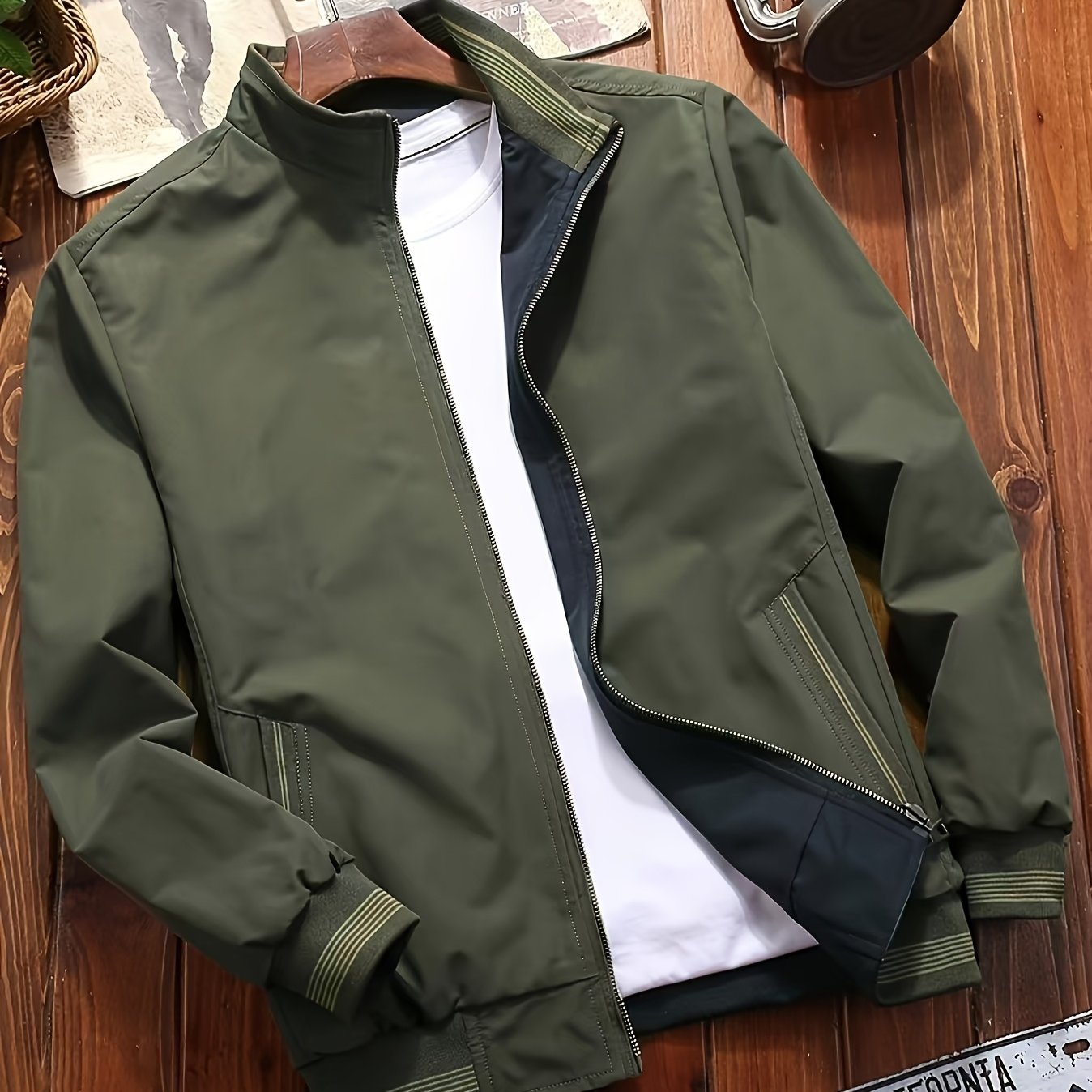 Men's Olive Green Softshell Jacket with Stand Collar Pockets Zipper Casual Wear