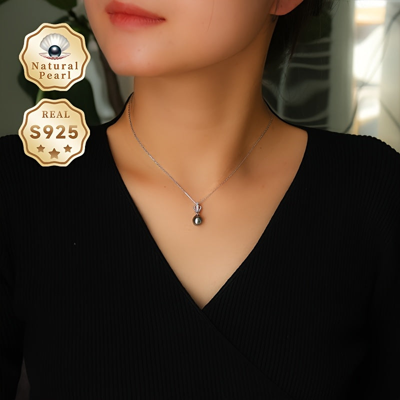 Sterling Silver Necklace with Black Pearl Vintage Crown Design Elegant Jewelry