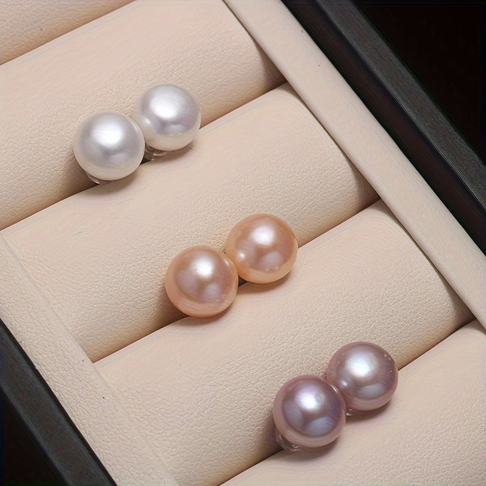Set of 3 Freshwater Pearl Earrings with White Pink Purple Natural Round Pearls Sterling Silver Ear Needles