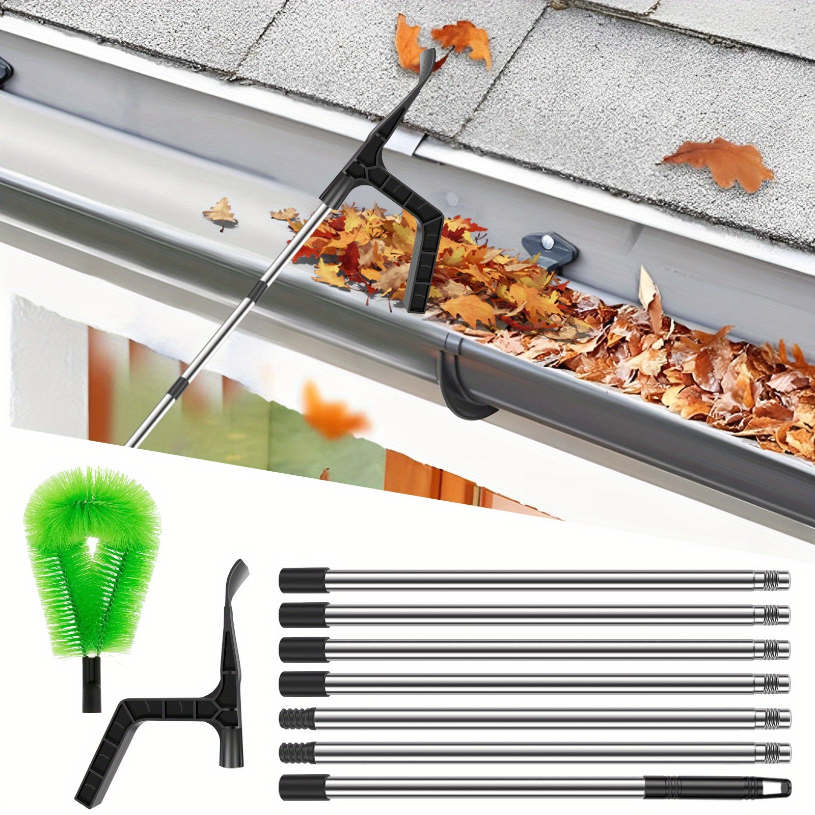 Telescopic Gutter Cleaning Kit Stainless Steel Brush Leaf Shovel 2-in-1 Adjustable Length