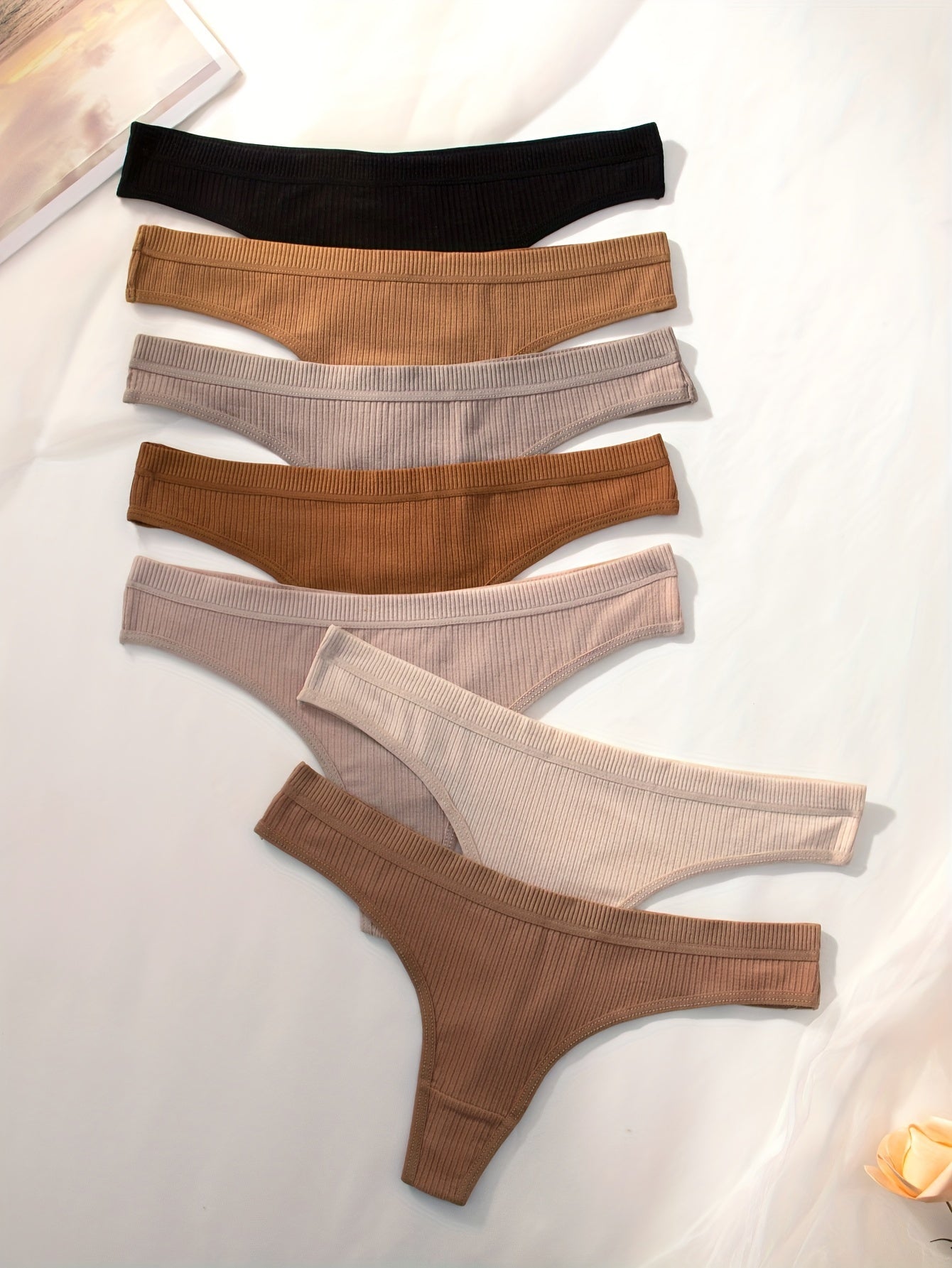 7-Pack Women's Ribbed Solid Color Thongs Polyester Blend Casual Underwear