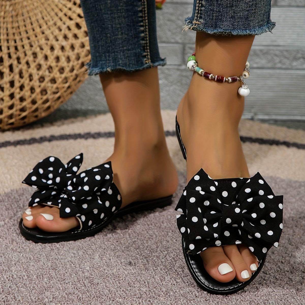 Women's Polka Dot Bow Flat Slides Soft Comfortable Dress and Home Footwear