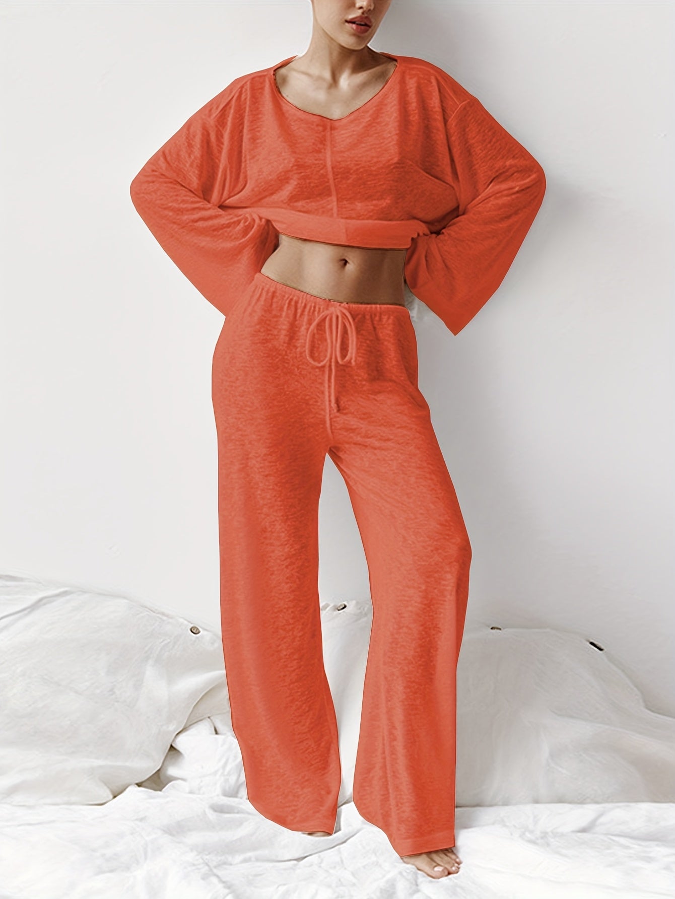 Women's Micro-Permeable Knit Loungewear Set with Crew Neck and Long Sleeves