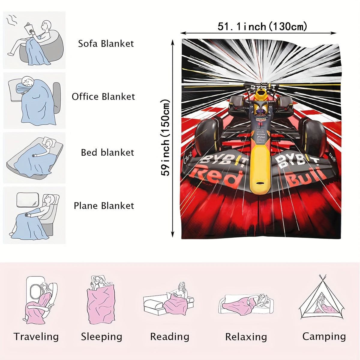 All-Season Flannel Sofa and Nap Blanket Red Black Yellow Digital F1 Racing Car Design