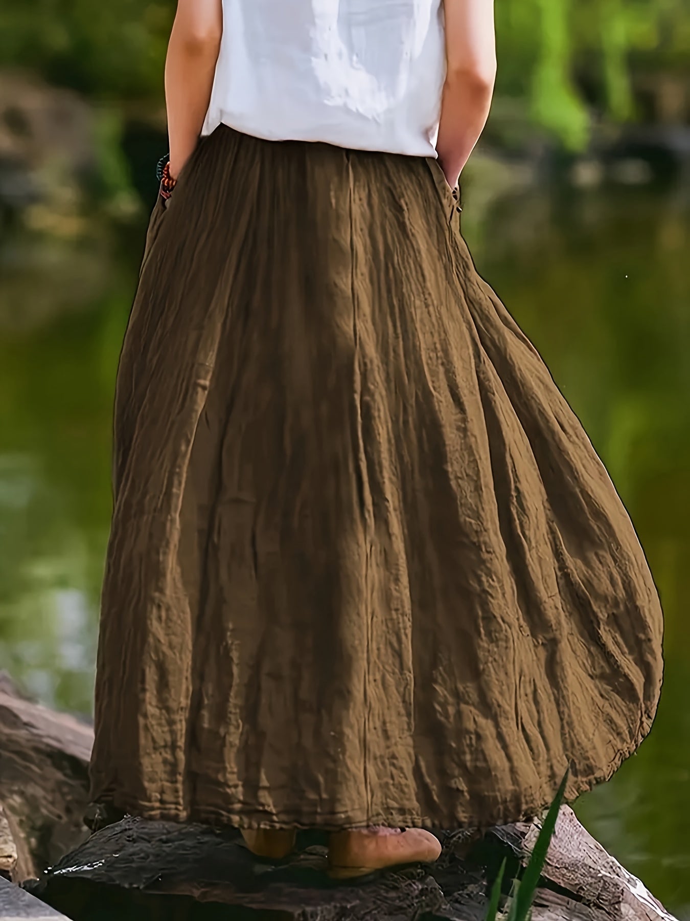 Plus Size Maxi Skirt with Pockets High-Waisted Flowing Solid Color Summer Casual