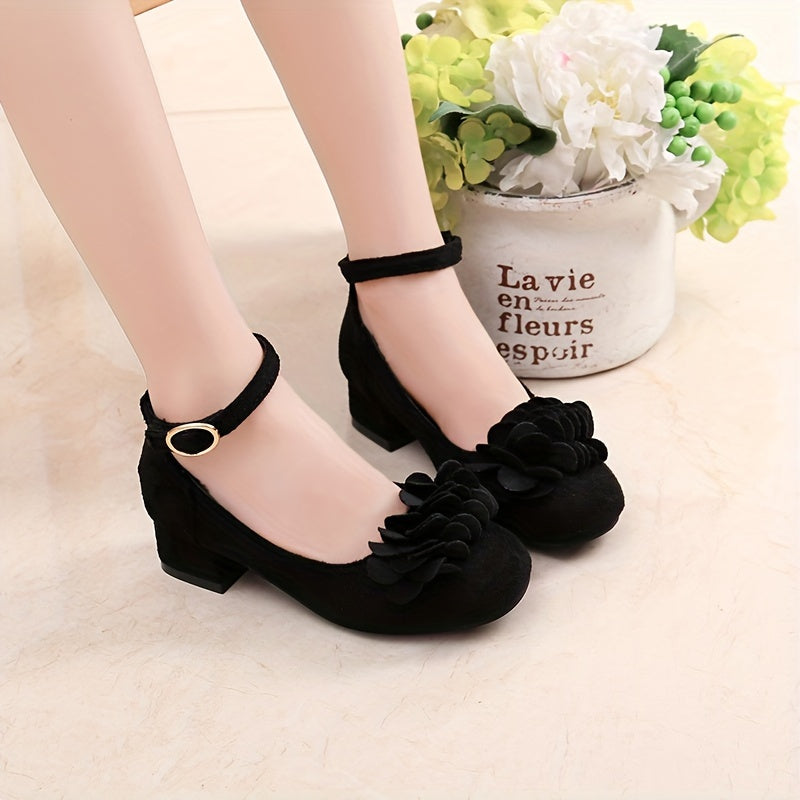 Girls Princess Heels with Flowers Tassel Block Heel PU Upper Rubber Sole for Spring Fall Age 14 and Under