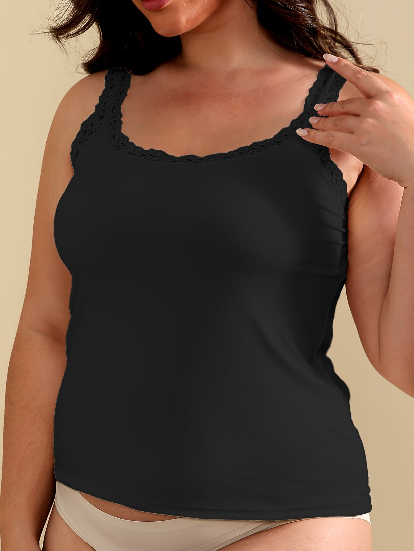 Women's Plus Size Black Sleeveless Tank Top with White Lace Trim