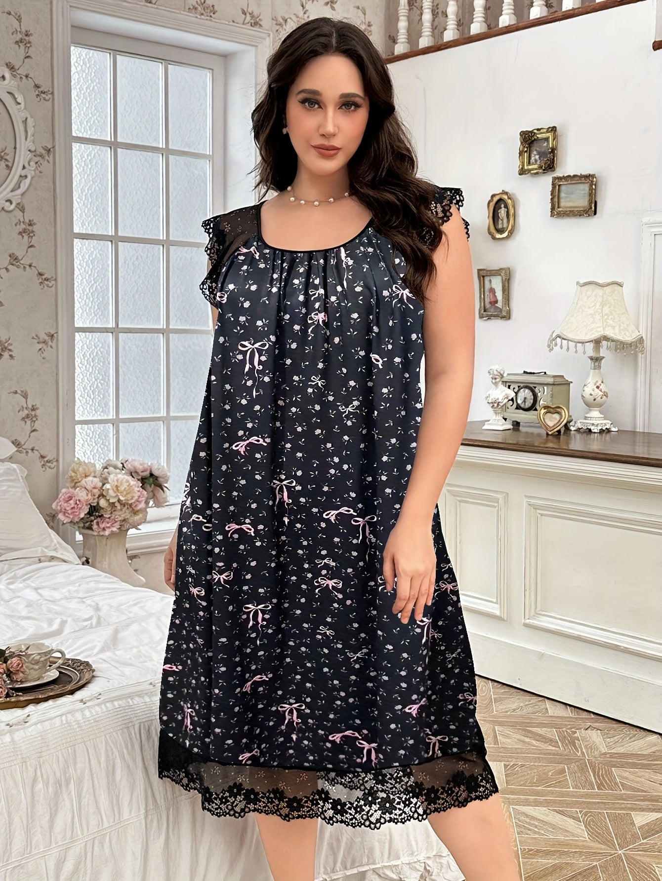 Women's Navy Blue Floral Sleep Dress with Lace Trim Nightgown