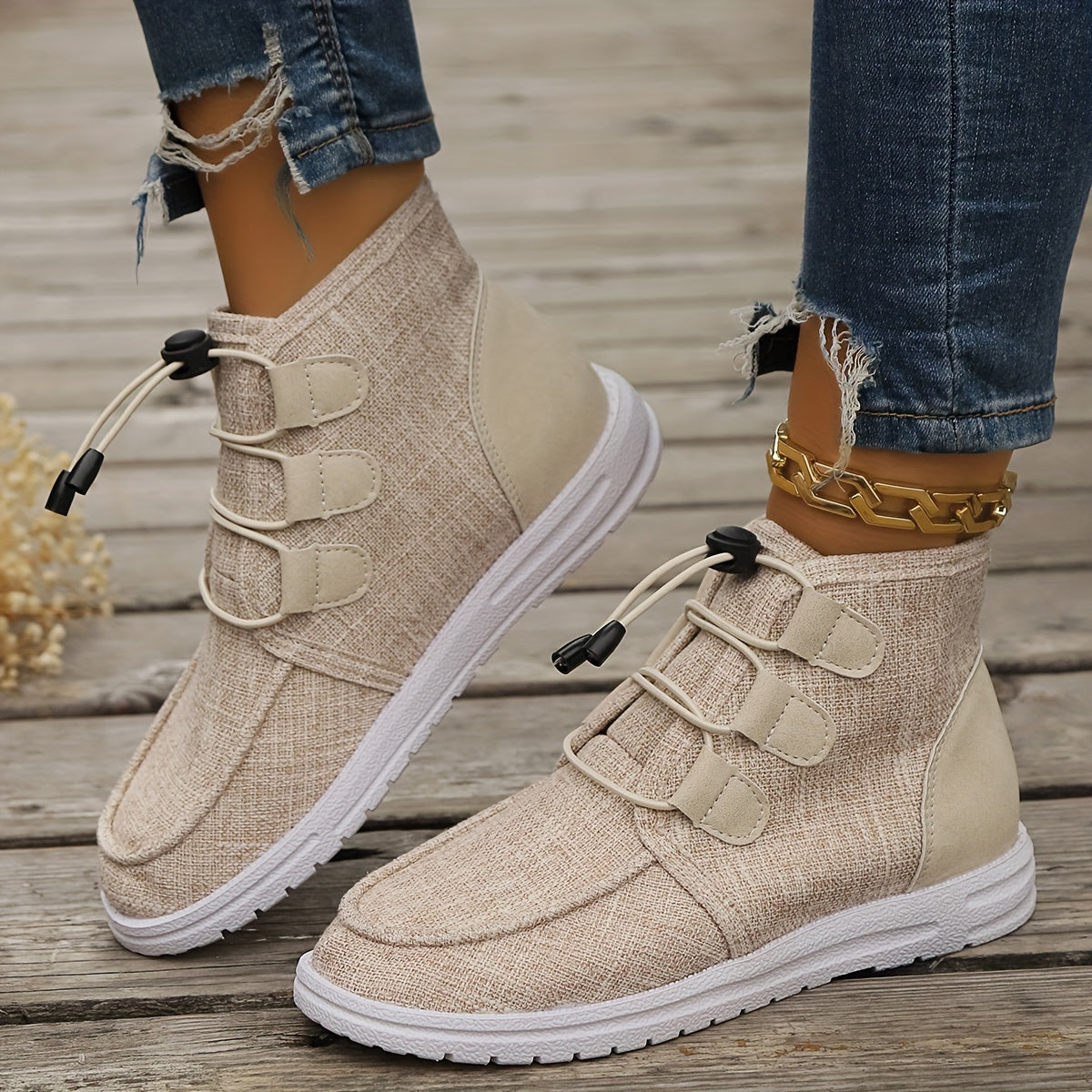 Women's Casual High-Top Sneakers Breathable Fabric Rubber Sole Beige All-Season