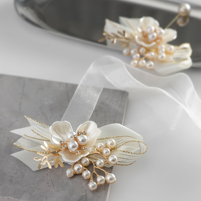 Boho Alloy Wrist Corsage and Bangle Set with Faux Pearls for Weddings and Celebrations